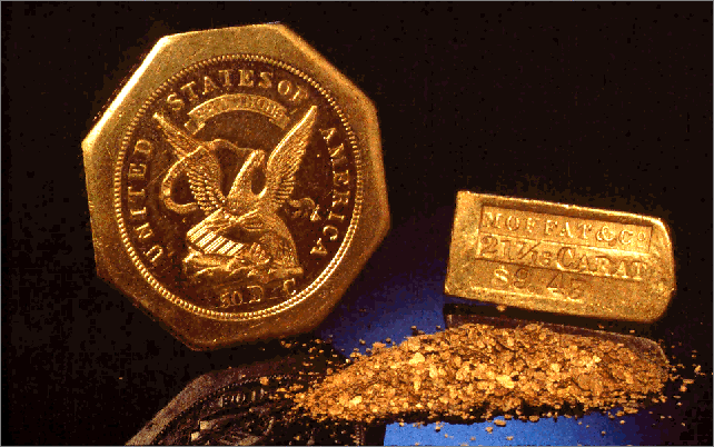 Gold dust, gold bar and gold coin