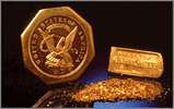 Gold dust, gold bar and gold coin